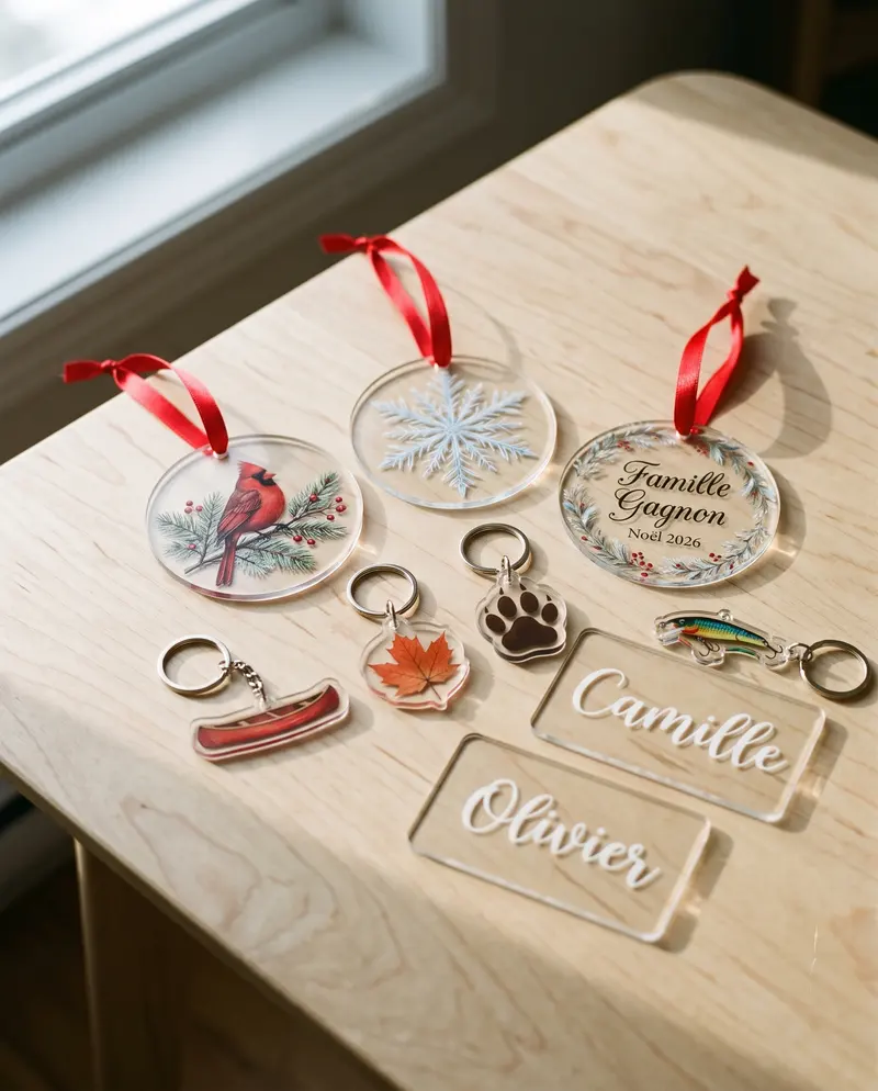 Décorations de Noël, porte-clés et marque-places de mariage en acrylique imprimé