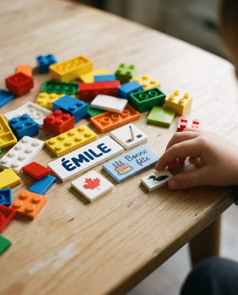 Tuiles de construction imprimées : ÉMILE, bâton de hockey, feuille d'érable, Bonne fête, huard