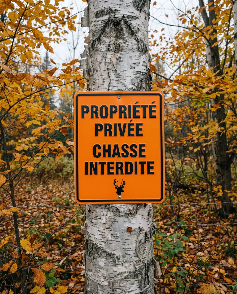 Pancarte orange « Propriété privée, chasse interdite » sur un bouleau
