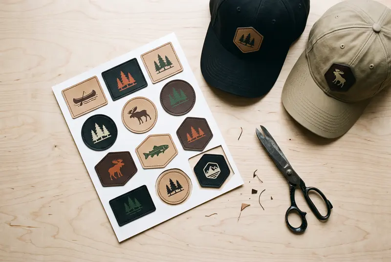 Une planche d'écussons en similicuir de formes variées, imprimés de petits logos, à côté de deux casquettes