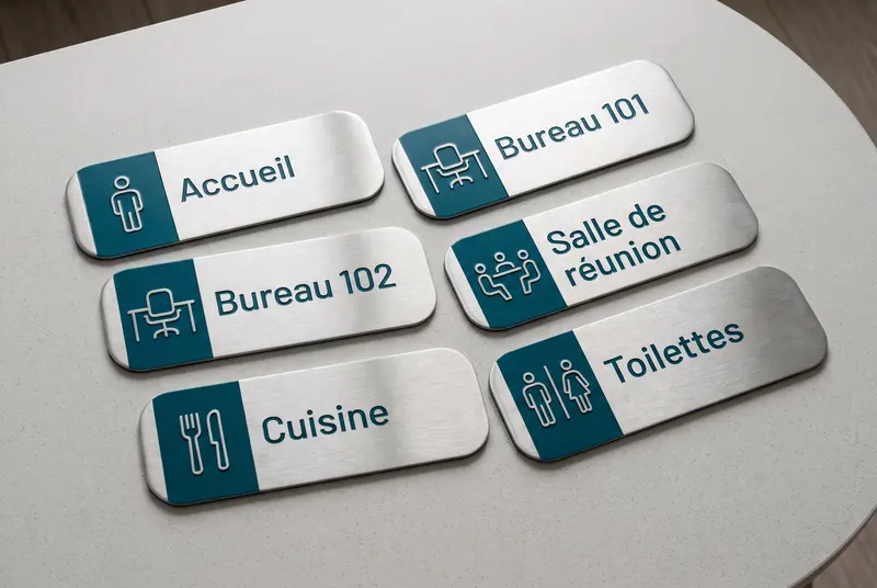 Six plaques d'identification en aluminium brossé : accueil, bureaux, salle de réunion, cuisine, toilettes