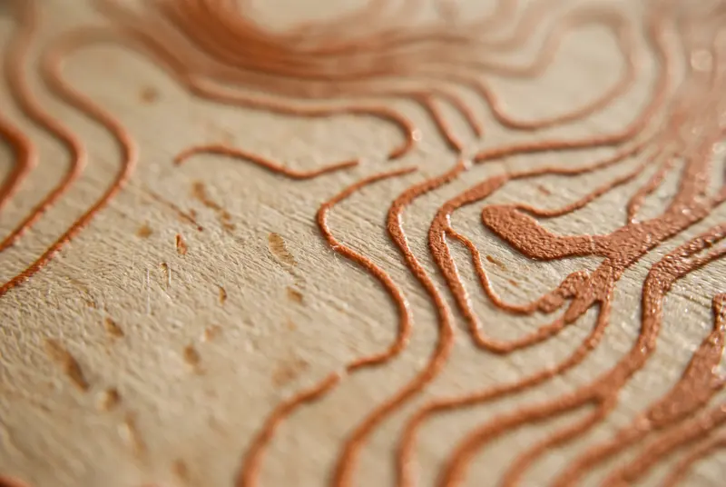 Lignes orange imprimées en relief sur du bouleau