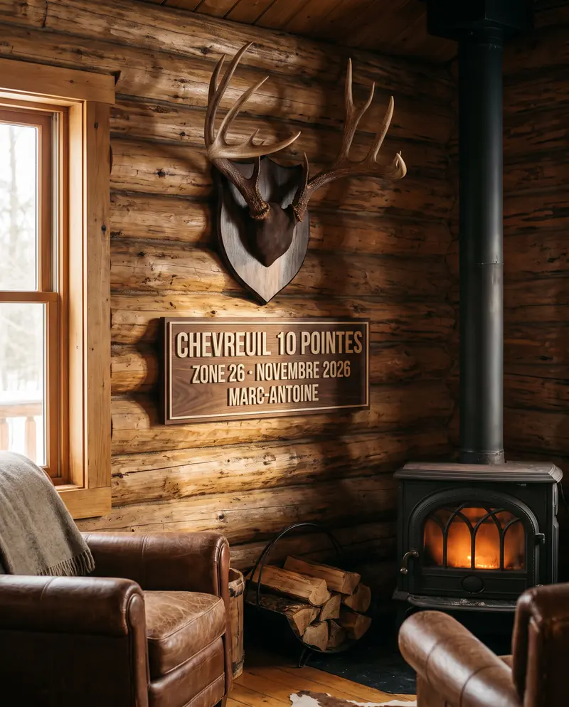 Plaque « Chevreuil 10 pointes » sous un panache, au mur d'un camp en bois rond