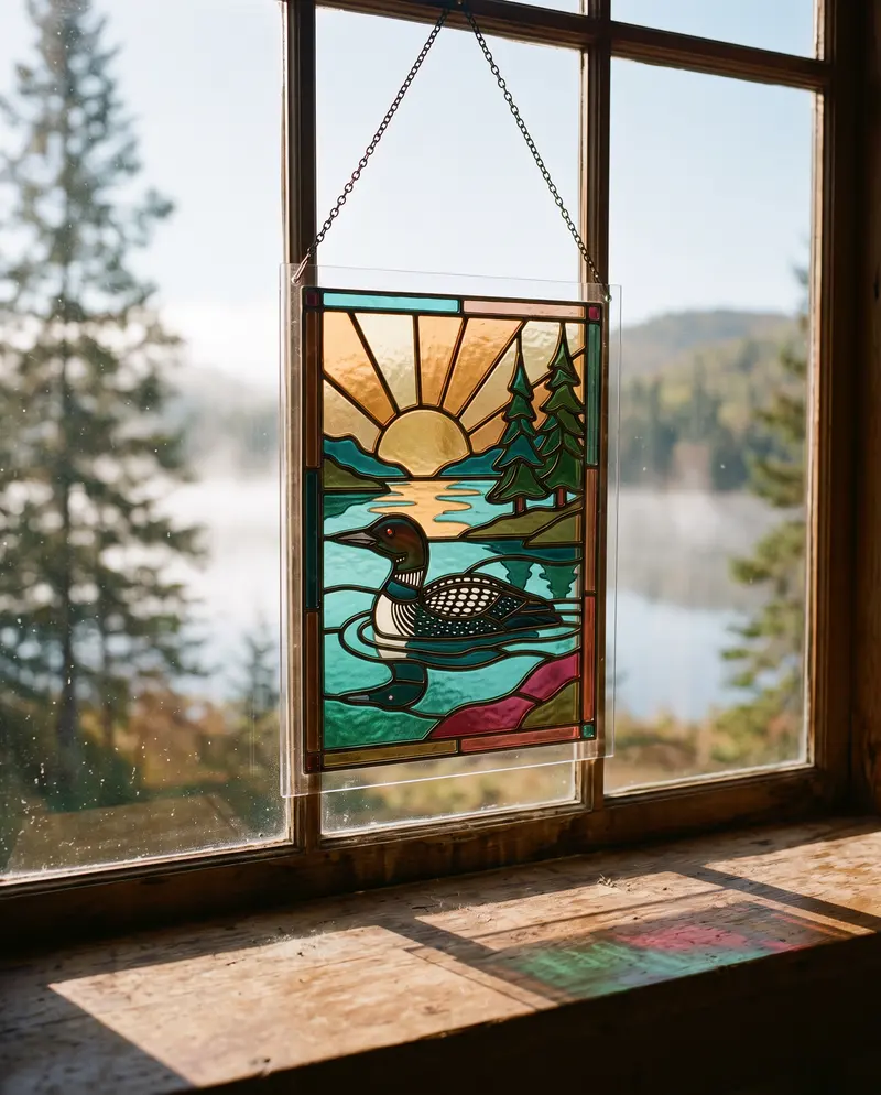 Faux vitrail sur acrylique, un huard au lever du soleil, devant une fenêtre de chalet